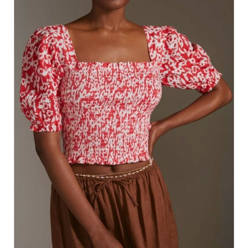 Anthropologie Smocked Eyelet Top Size S